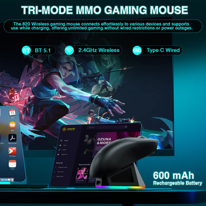 SOLAKAKA SM820 Tri-Mode Wireless Gaming Mouse with RGB Charging Dock, PAW3311 Sensor, 26000 DPI, Ultra-Light Rechargeable Wireless Gaming Mouse