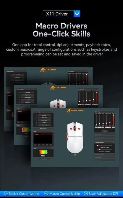 ATTACK SHARK X11SE ultra lagani bežični gaming miš, životni vijek od 20Million ciklusa, PAW3311 Gaming, 22KDPI, 400IPS, 40G, 1KHz, 65 Hours, 30mAH