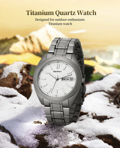 BERNY Full Titanium Men Watch Date Week Quartz Watches Calendar Sapphire Super Luminous 100M Waterproof Lightweight Wristwatch