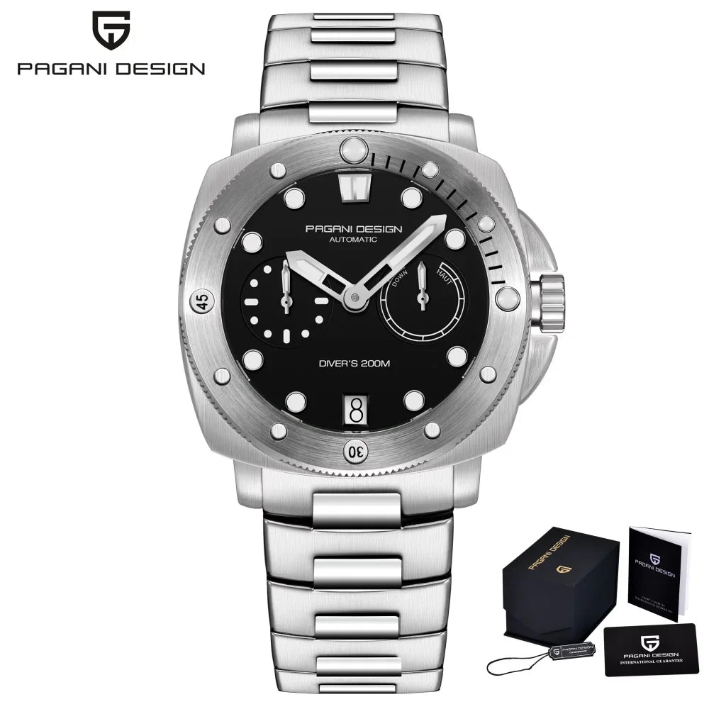 PAGANI DESIGN Men's Mechanical Watch Luxury Sapphire Glass Luminous Automatic Watch 200M Waterproof Stainless Steel Watch