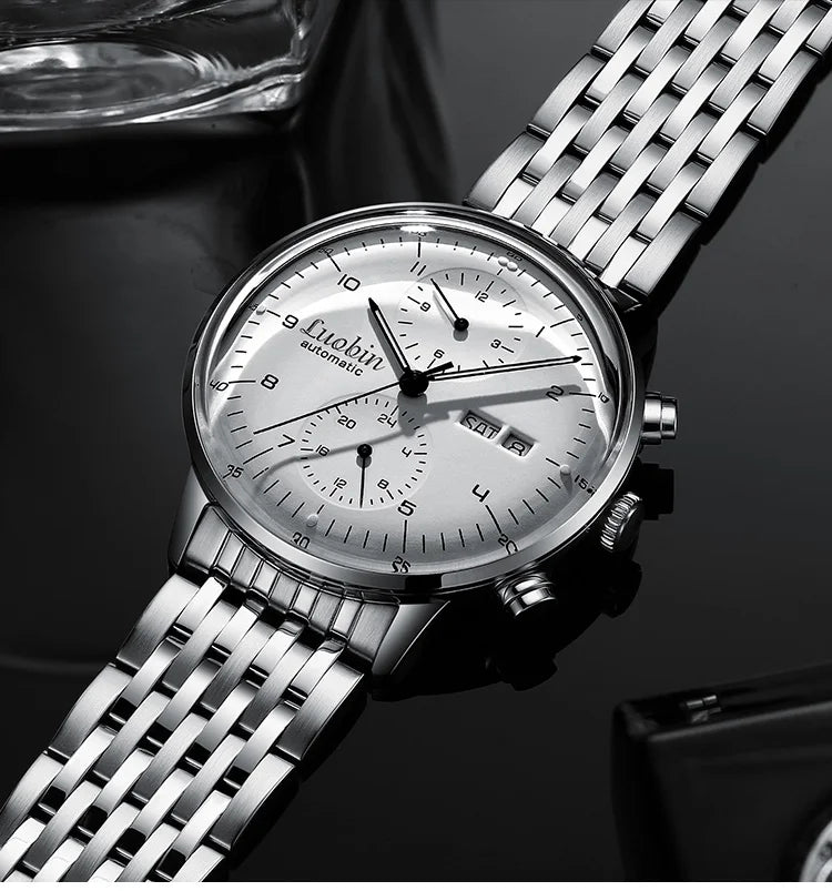 Men's Business Watch Mechanical Movement Multifunction Chronograph Stainless Steel Waterproof Automatic Calendar Sapphire