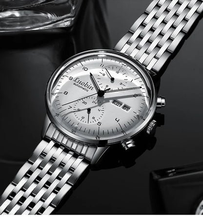 Men's Business Watch Mechanical Movement Multifunction Chronograph Stainless Steel Waterproof Automatic Calendar Sapphire