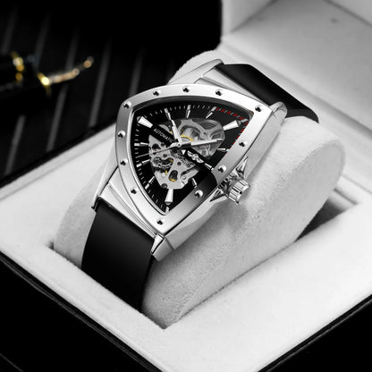 WINNER High Quality Watch for Men Triangle Steel Skeleton Mechanical Automatic Movement Clockwork Waterproof Rubber strap Wrist
