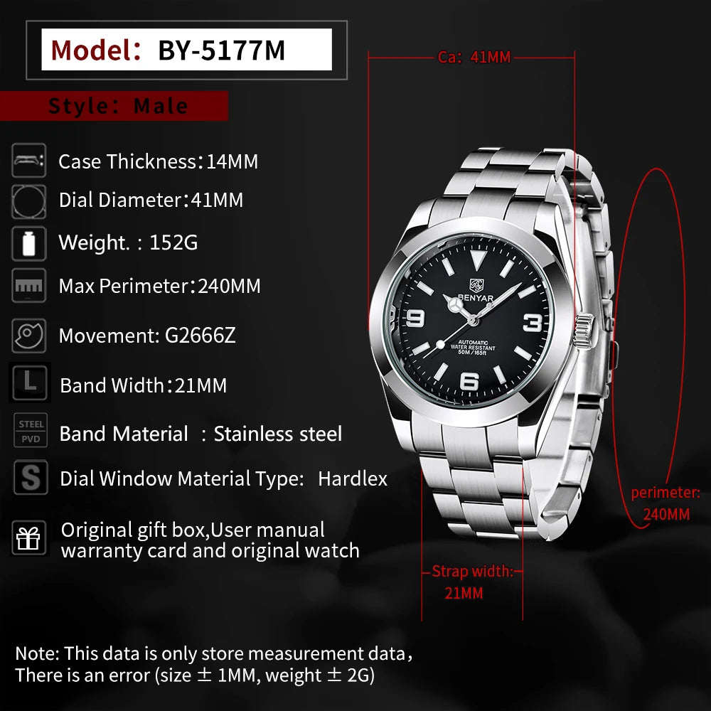 BENYAR 2025 New Men's Automatic Mechanical Watch Business Sports Luxury Men's Watches 50M Waterproof Clock Relogios Masculino