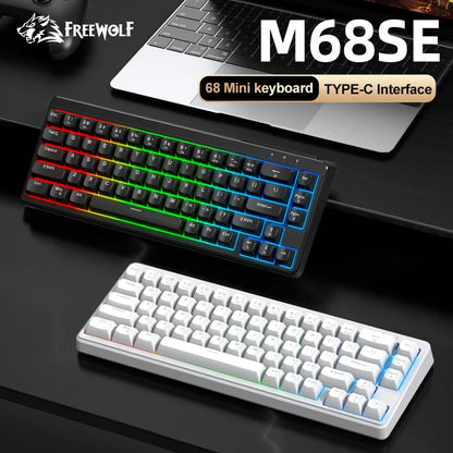 FREEWOLF M68SE 68% Mini Wired Keyboard RGB Backlit Silent Mechanical Feel Type-C Detachable Cable for PC Mac