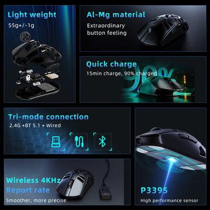 DAREU Al-mg Tri-Mode 8Khz PBT kabellose Gaming-Maus mit Schnellladefunktion PAW3950 30000 DPI, leicht, für PC-Gamer