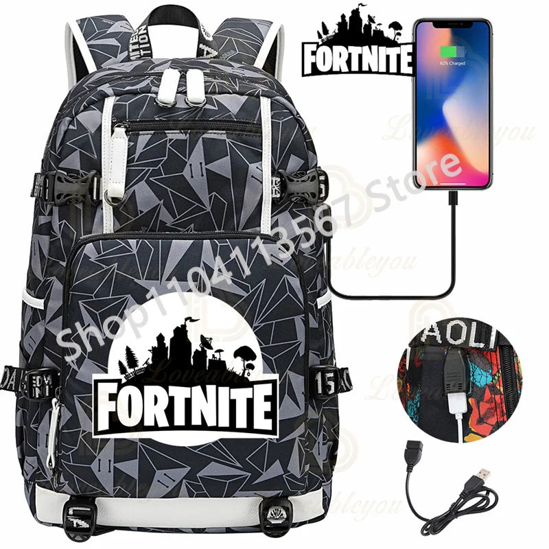 Ultima Knight F-Fortnited Battle Royale Rucksack mit USB-Ladeanschluss, Anime-Figuren und Studienfach für Schreibwaren für Schüler