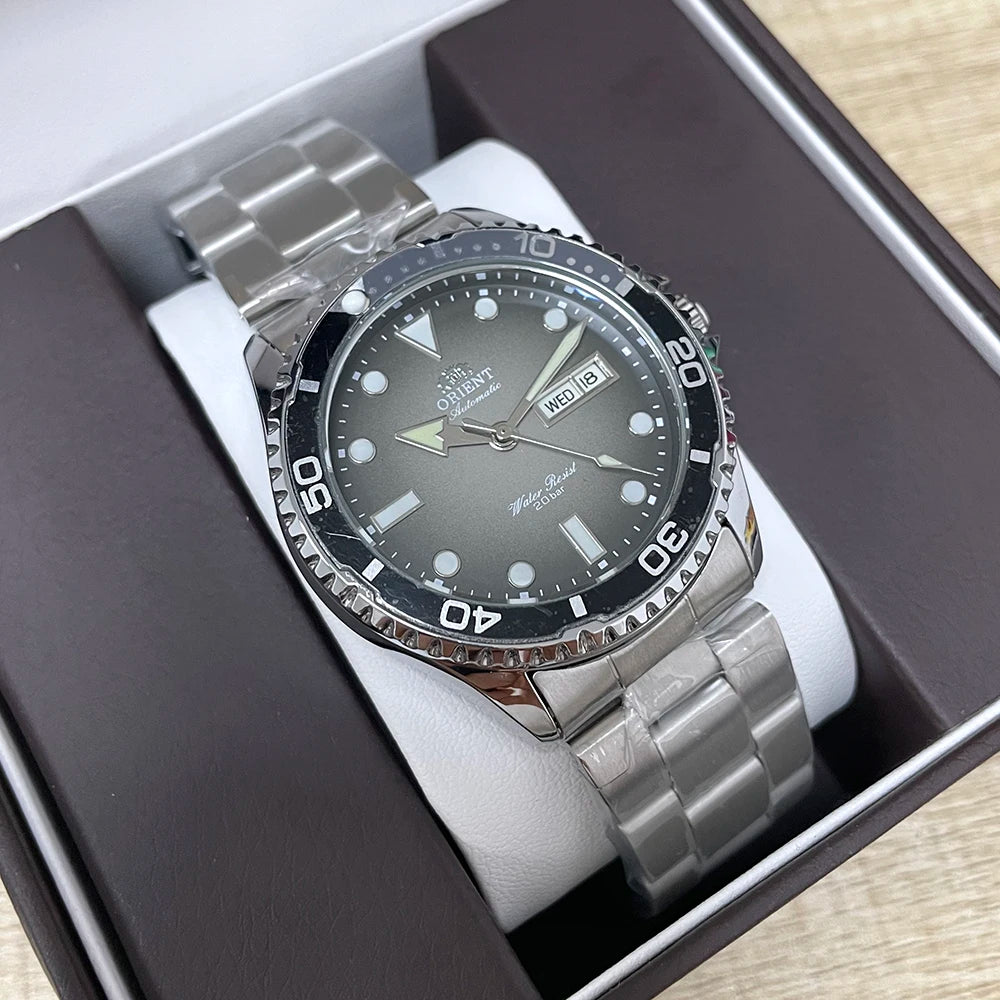 Orient Men's 200M Waterproof Automatic Dive Watch Dial Stainless Steel Bracelet Day Date Self-Winding Luminous Wristwatch