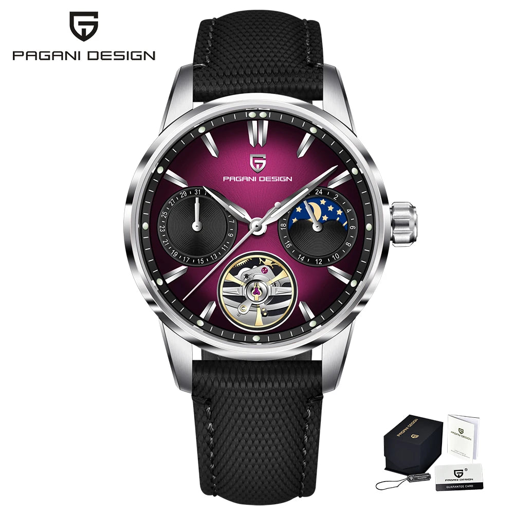 PAGANI DESIGN – luksuzni mehanički sat za muškarce, 41 mm, safirno staklo, kožni remen, vodootporan, u pilotskom stilu, s turbiljonom i fazama mjeseca