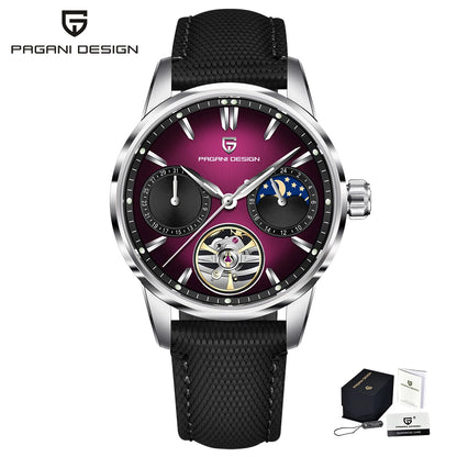 PAGANI DESIGN – luksuzni mehanički sat za muškarce, 41 mm, safirno staklo, kožni remen, vodootporan, u pilotskom stilu, s turbiljonom i fazama mjeseca