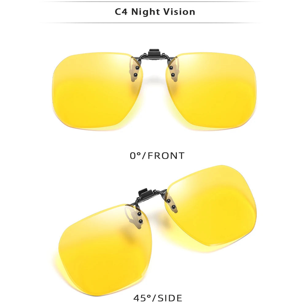 Clip On Flip Up Glasses Polarized Photochromic Sunglasses Lens Anti Glare UV400 Goggles Night Vision Yellow Driving Eyepiece