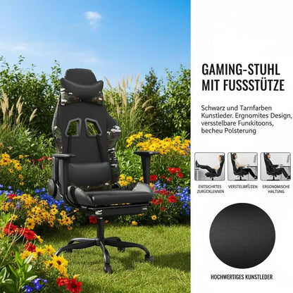 Gaming Chair with Footrest Black and Camouflage 66X56X120.5-131 cm in Imitation Leather, Reclining 360° Swivel Can Carry 110 kg