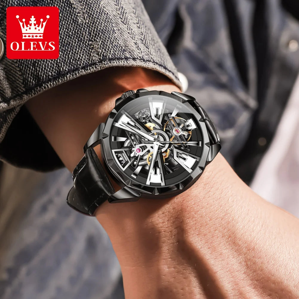 OLEVS 7051 Fashion Men's Watch Leather Strap 30M Waterproof Hollow HD Luminous Automatic Mechanical Wristwatch for Men