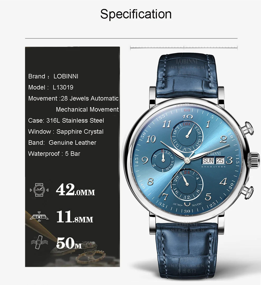 Luxury Brand Switzerland LOBINNI Perpetual Calendar Automatic Mechanical Men's Watches Sapphire Multi-function Clock L13019-8