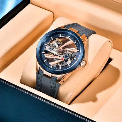 Ceas pentru bărbați PAGANI DESIGN – Model mecanic automat de lux, de tip „schelet” (cu mecanism expus), dotat cu un tourbillon, sticlă de safir cu tratament antireflex, rezistent la apă și luminescent.
