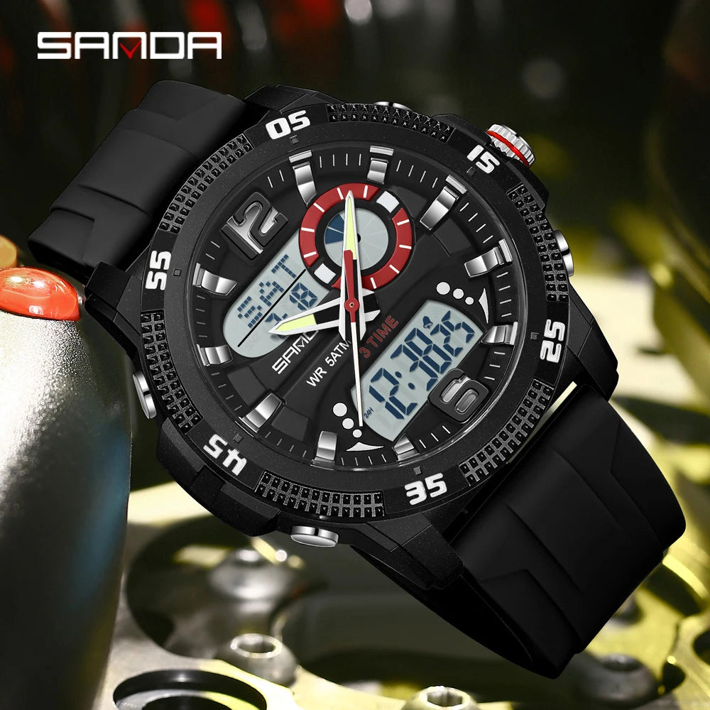 SANDA Fashion Luxury Men's Watches Dual Digital Display Sport Analog Quartz Man Wristwatch Casual Waterproof Silica Chronograph