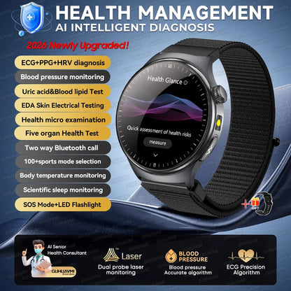 2026 AI Health Smartwatch ECG + PPG, Blood Pressure, Uric Acid & Body Fat Monitoring, AMOLED Display & Bluetooth Calling