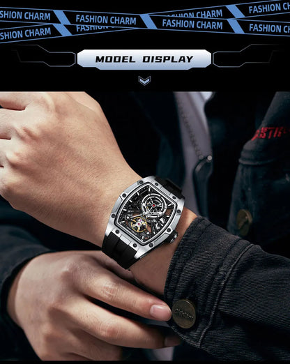 MINI FOCUS Orologio da polso da uomo fashion nero impermeabile, automatico meccanico, con lancette luminose, cinturino in silicone e quadrante tonneau