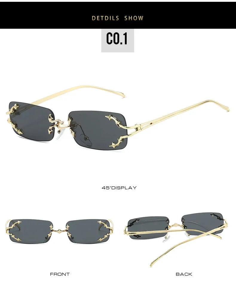Y2K Rimless Square Star Sunglasses for Women Fashion Vintage Silver Hip Hop Driving UV400 Eyewear Alloy Frame Outdoor Men Punk