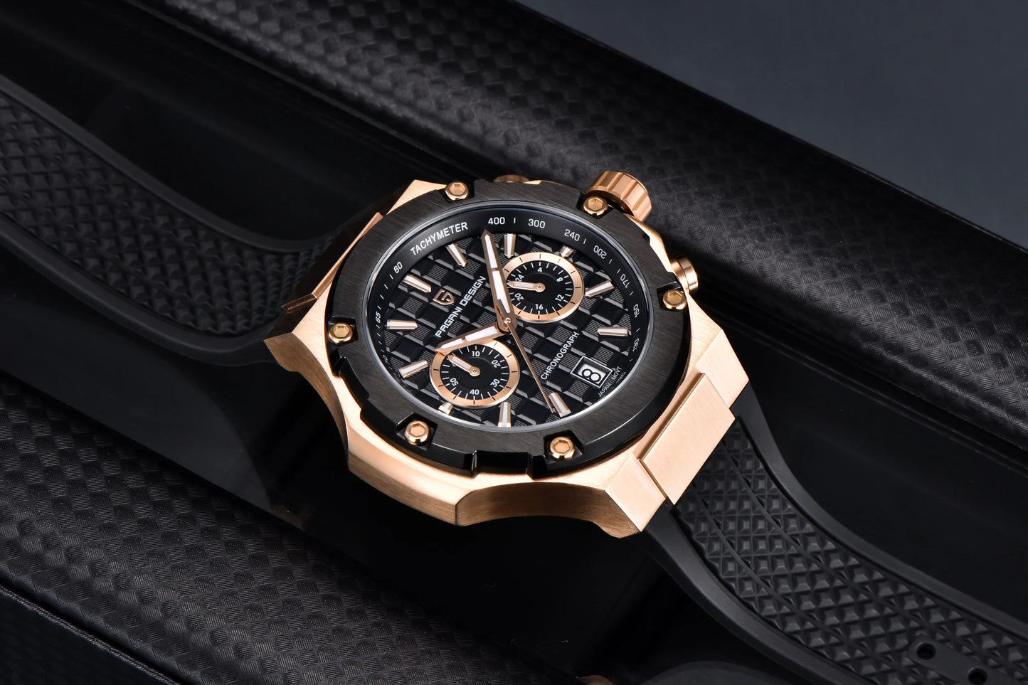 PAGANI DESIGN Men's Watches Luxury Rose Gold Sport Chronograph Japan VK64 Quartz Watch For Men Fluororubber Strap Wristwatch Men