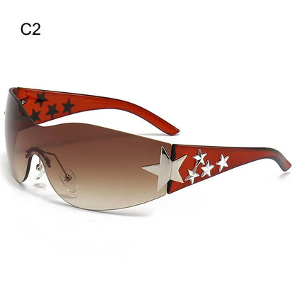 Rimless Y2K Sunglasses Women Men Punk Goggle Trendy Shield Sun Glasses UV400 3D Five Star Rhinestones Eyewear 2024