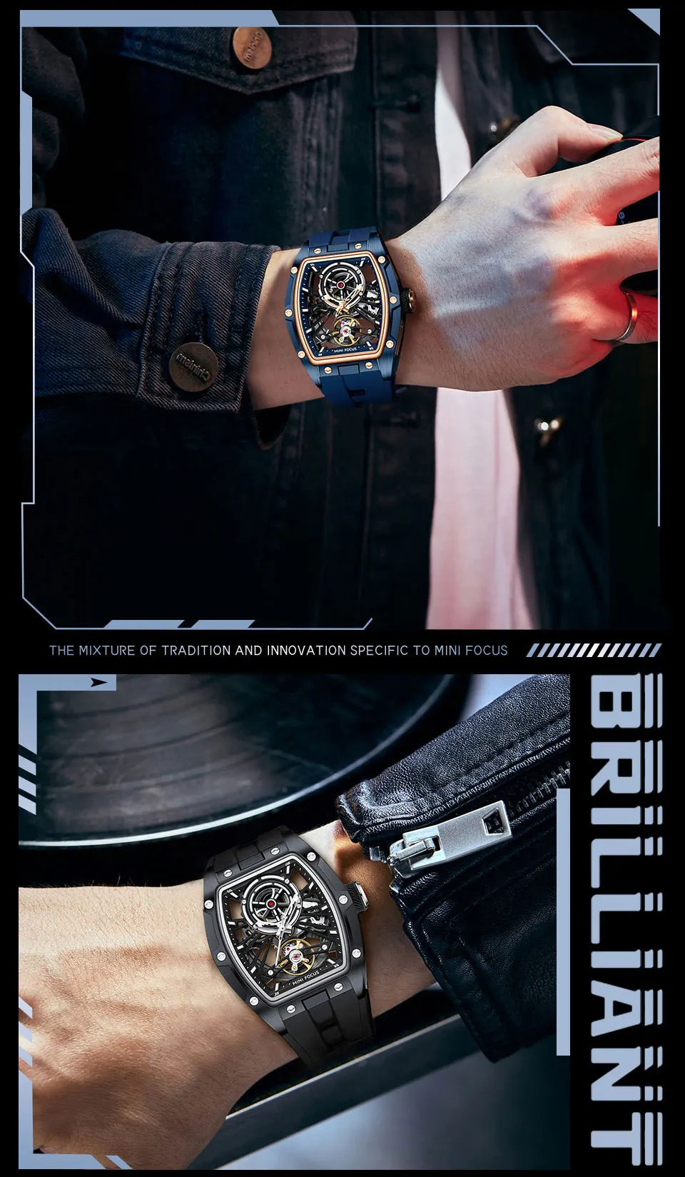 MINI FOCUS Orologio da polso da uomo fashion nero impermeabile, automatico meccanico, con lancette luminose, cinturino in silicone e quadrante tonneau