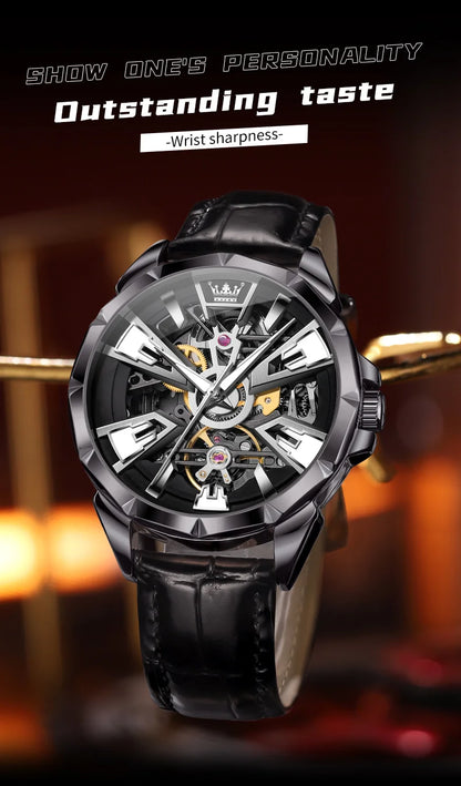 OLEVS 7051 Fashion Men's Watch Leather Strap 30M Waterproof Hollow HD Luminous Automatic Mechanical Wristwatch for Men