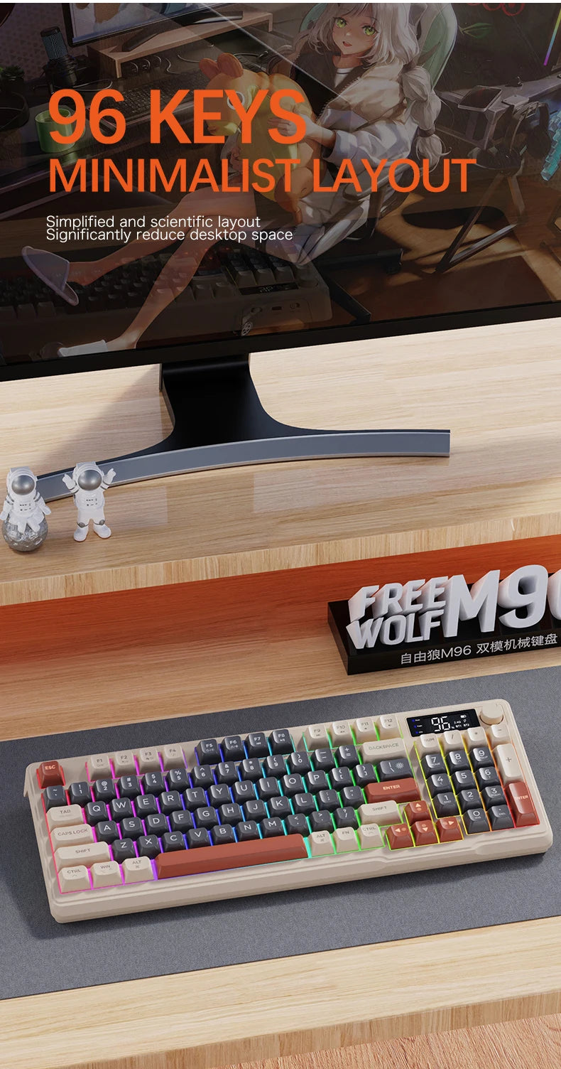 Tastiera wireless Bluetooth M96 FREEWOLF con display digitale, retroilluminazione RGB, batteria da 2000mAh e keycap PBT per PC/laptop