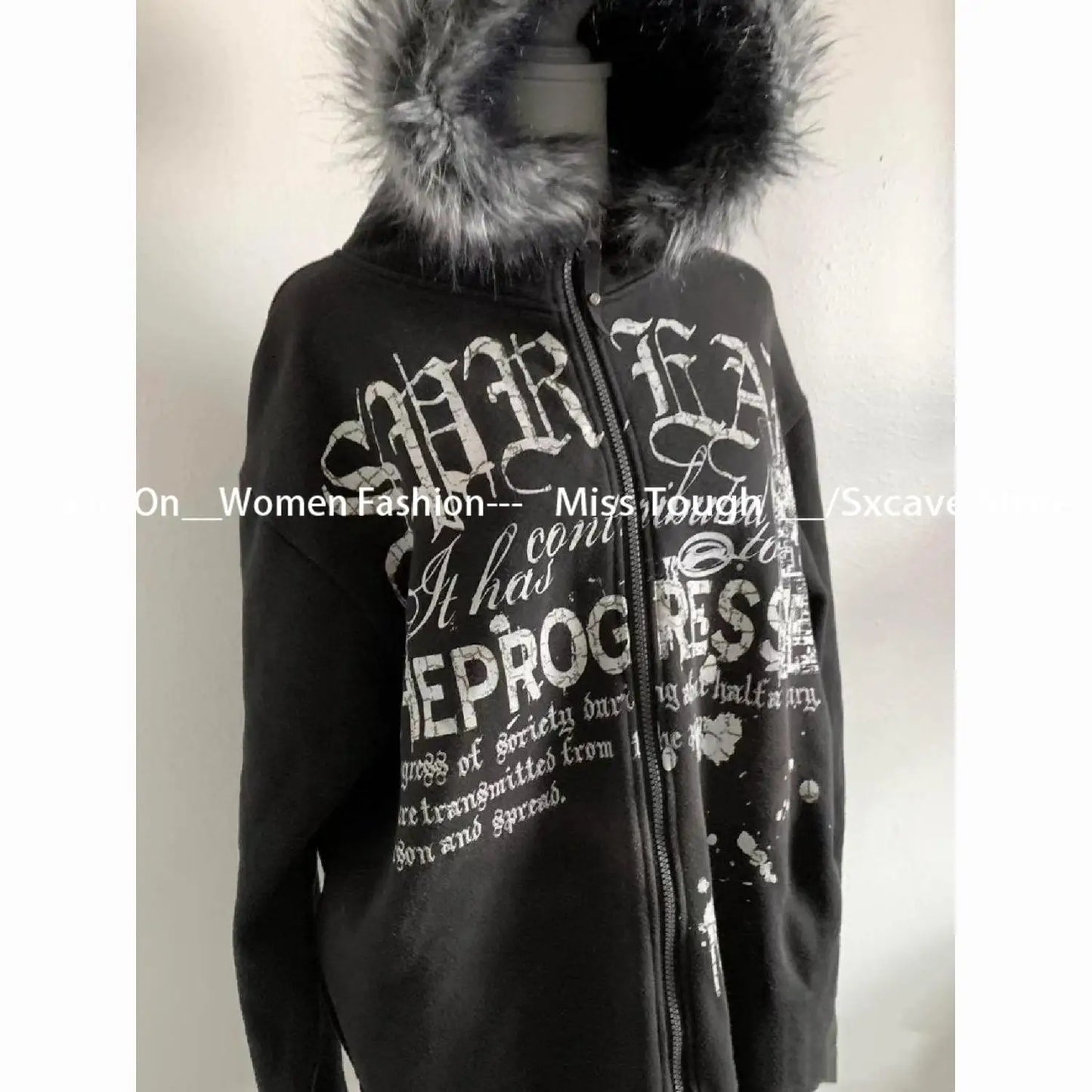 American Vintage Black Faux Fur Sweatshirts Women Letter Printed Subculture Coats with Hooded Female Gothic Harajuku Jackets Y2k
