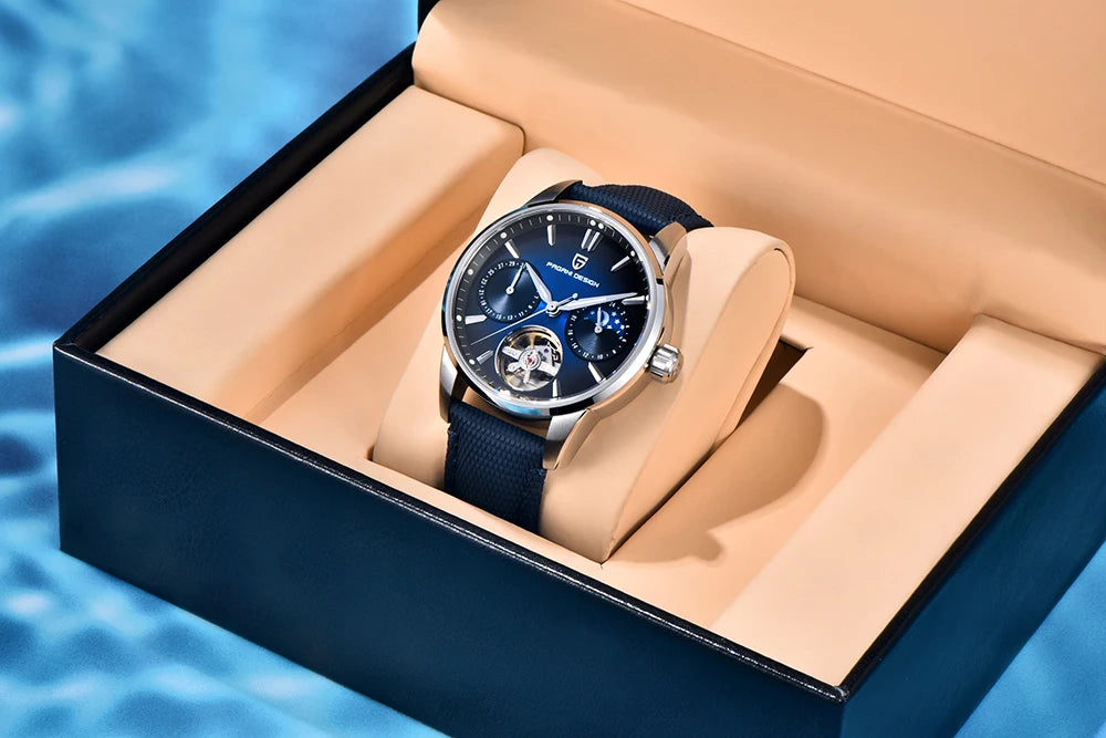 PAGANI DESIGN – luksuzni mehanički sat za muškarce, 41 mm, safirno staklo, kožni remen, vodootporan, u pilotskom stilu, s turbiljonom i fazama mjeseca