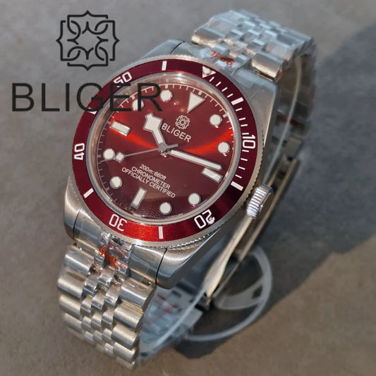 BLIGER 39mm Classic Wine Red Diver Watch For Men NH35 Mechanical Domed Sapphire Glass100m Waterproof Super Luminous Reloj Hombre