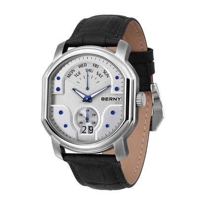 BERNY Tonneau Classic Men's Watch Quartz Luxury Top Watches Ronda 7004N Day Stainless Steel Sapphire Pendulum Dial Watch for Men