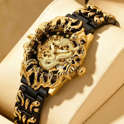 A men's yellow and black retro style classical irregular dragon patterned tourbillon mechanical watch