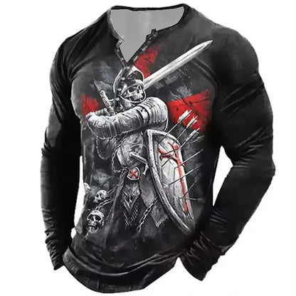 Autumn Skull Henley Shirt 3D Print Streetwear Men's Fashion Vintage Long Sleeve Button T Shirt Men's T Shirt Tops Clothing