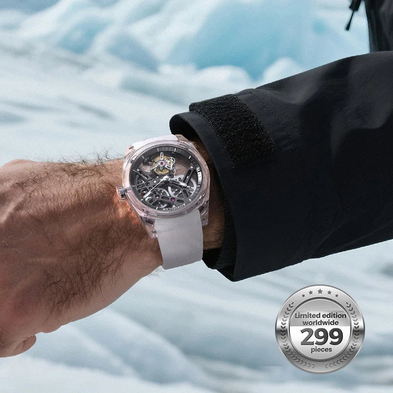 Relógio AGELOCER de edição limitada “Ice Never Melts” com turbilhão de cristal de espiral livre — relógios mecânicos manuais de luxo