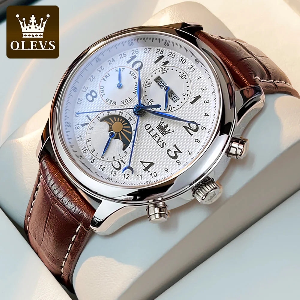 Montres pour hommes OLEVS 6667 avec phase de lune, 7 aiguilles, mécanisme automatique multifonction ; montre de luxe pour homme, idéale pour un style professionnel.