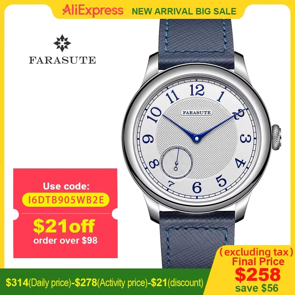 FARASUTE NEW Machinery Men Watch Salmon Dial St17 Manual Mechanical Watch Small Second Vintage Bonklip Bracelet