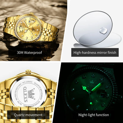 OLEVS New Quartz Man Watch Luxury Brand Diamond Dial Steel Strap Watch for Men Auto Date Waterproof Luminous Men's Watches 2989
