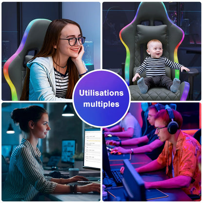 Office Chair, LED gaming chair with ergonomically adjustable backrest, PU leather office chair, lumbar support cushion & pillow