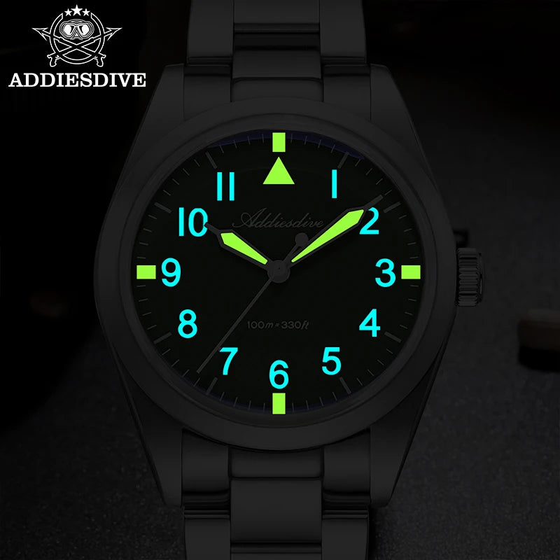ADDIESDIVE 36mm AD2502 Watch for Men 100M Waterproof Titanium Alloy VH31 Movement Bubble Mirror Glass Luminous Quartz Watches