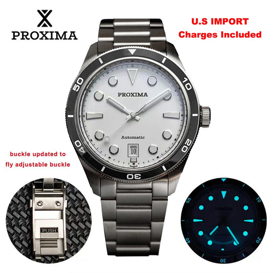 Proxima PX1697 39mm Men Watch White Enamel Dial Bubble Sapphire PT5000 SW200 Automatic Mechanical Vintage Watches 20Bar Luminous