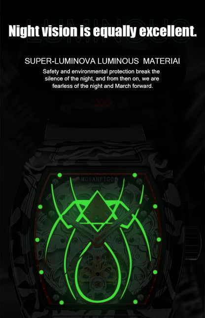 MUSANFIGO automatic hollow mechanical watch, barrel shaped fashionable men's trendy watch, luminous waterproof watch