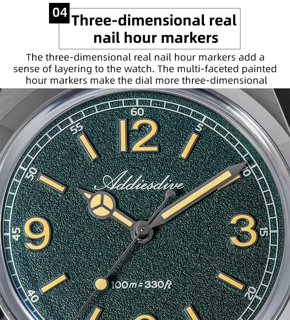 Relógio para homem ADDIESDIVE 36mm em destaque AD2518 com vidro espelhado convexo, aço inoxidável 316L, Reloj Hombre, 100m à prova de água, quartzo