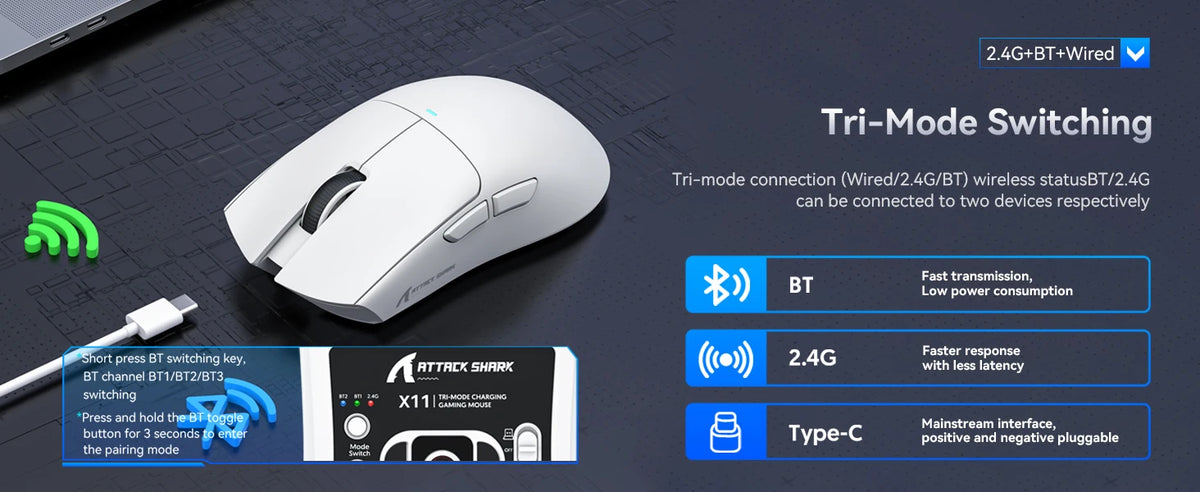 Attack Shark X11 tri-mode gamingmus med magnetisk laddningsdocka, PixArt PAW3311-sensor, 22K DPI, BT/2.4Ghz/trådbunden, för PC/MAC