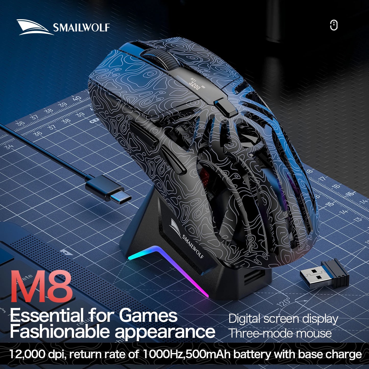 SMAILWOLF M8 Wireless Bluetooth Tri-Mode Gaming Mouse, 12000 DPI Lightweight RGB Gaming Mouse with PAW3311 Sensor, Magnetic Charging Dock