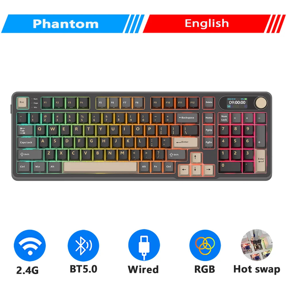 Clavier mécanique RK ROYAL KLUDGE S98 avec écran TFT en surface, 98 touches, RGB, BT 5.0/2,4 GHz/USB-C, clavier gaming sans fil, remplaçable à chaud