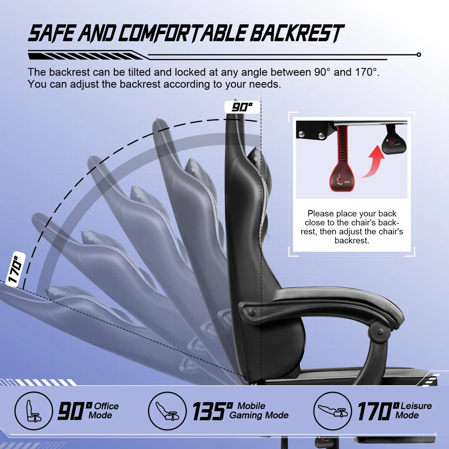 Daccormax Ergonomic Gaming Chair with Footrest, Reclining 170°, PU Leather Racing Chair with Lumbar Support and Headrest