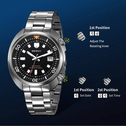 BERNY Automatic Dual Crown Diver Watch For Men Super Luminous Miyota 8215 Sapphire Swim Sport 20ATM Mechanical Men's Dive Watch
