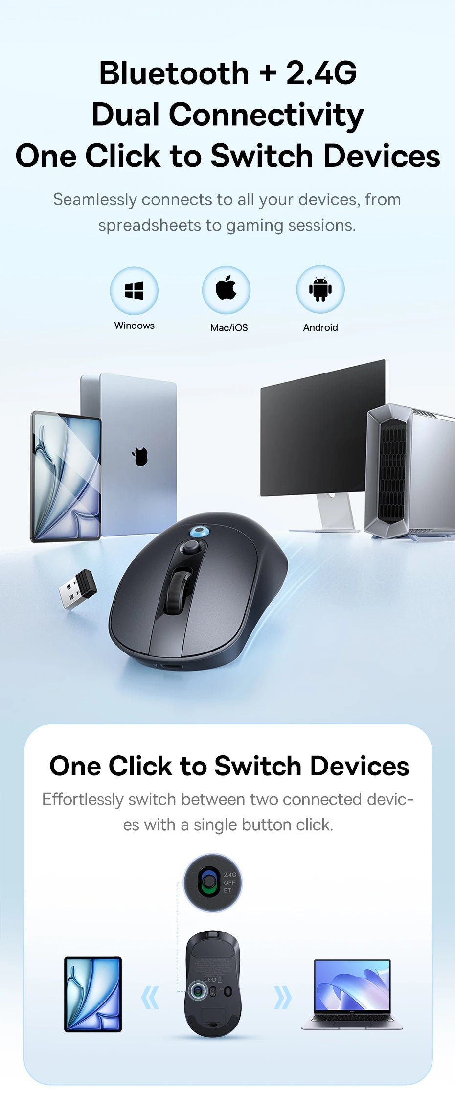 【NOVO】Baseus EM2 ergonomski bežični miš Bluetooth 5.3 2.4G, Type-C punjenje, ultra lagan, tih, s prilagodljivim tipkama