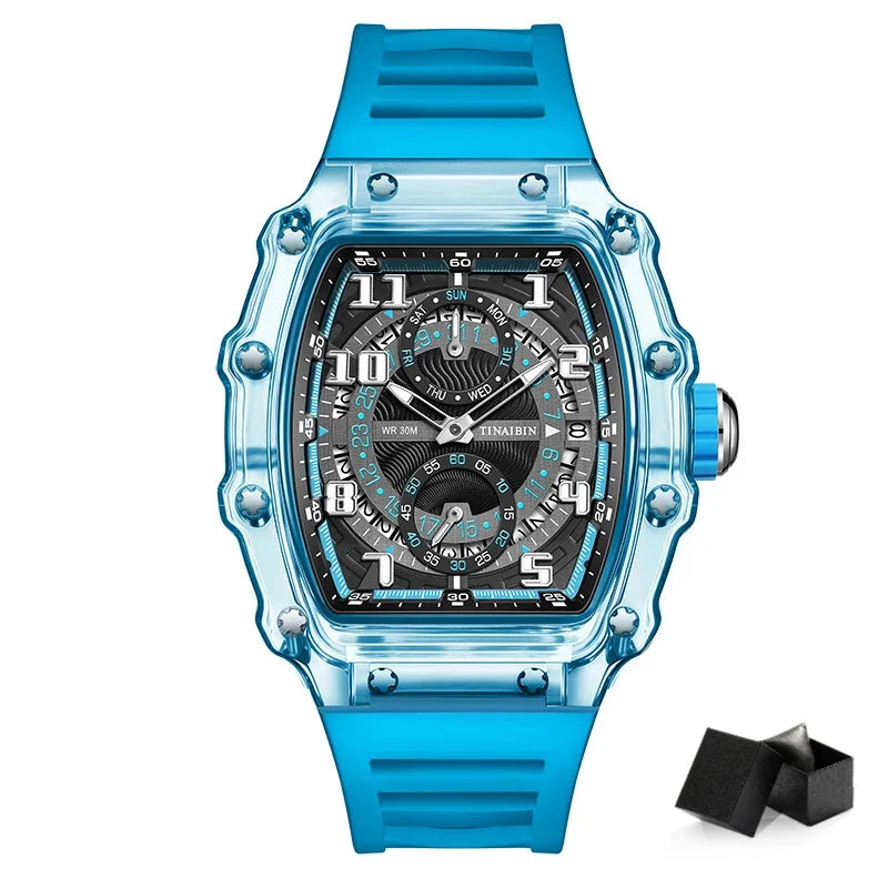 Unique Blue Fashion Brand Men's Watches Silicone Strap Waterproof Out Door Sport Military Watches for Men Multi Function Luxury